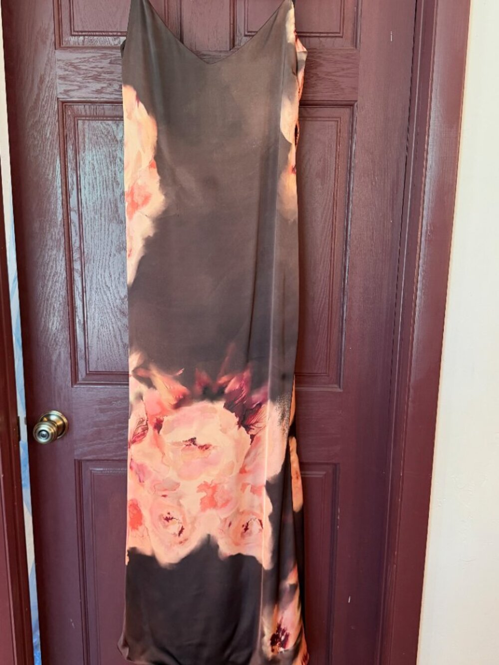 House of CB Mariamma Dark Brown Floral Printed Satin Maxi Dress - Large - Picture 5 of 7